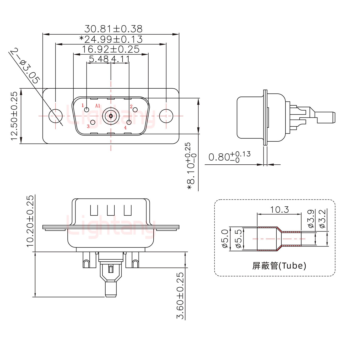 5W1公焊線式75歐姆+9P金屬外殼1707直出線4~12mm