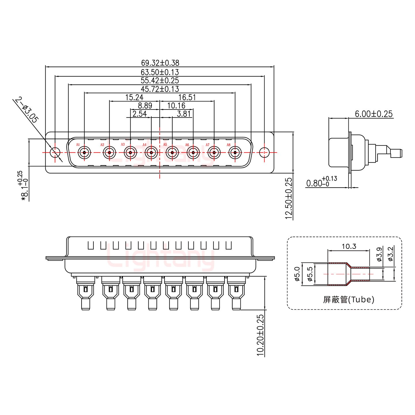 8W8公焊線式50歐姆+37P金屬外殼951彎出線4~12mm