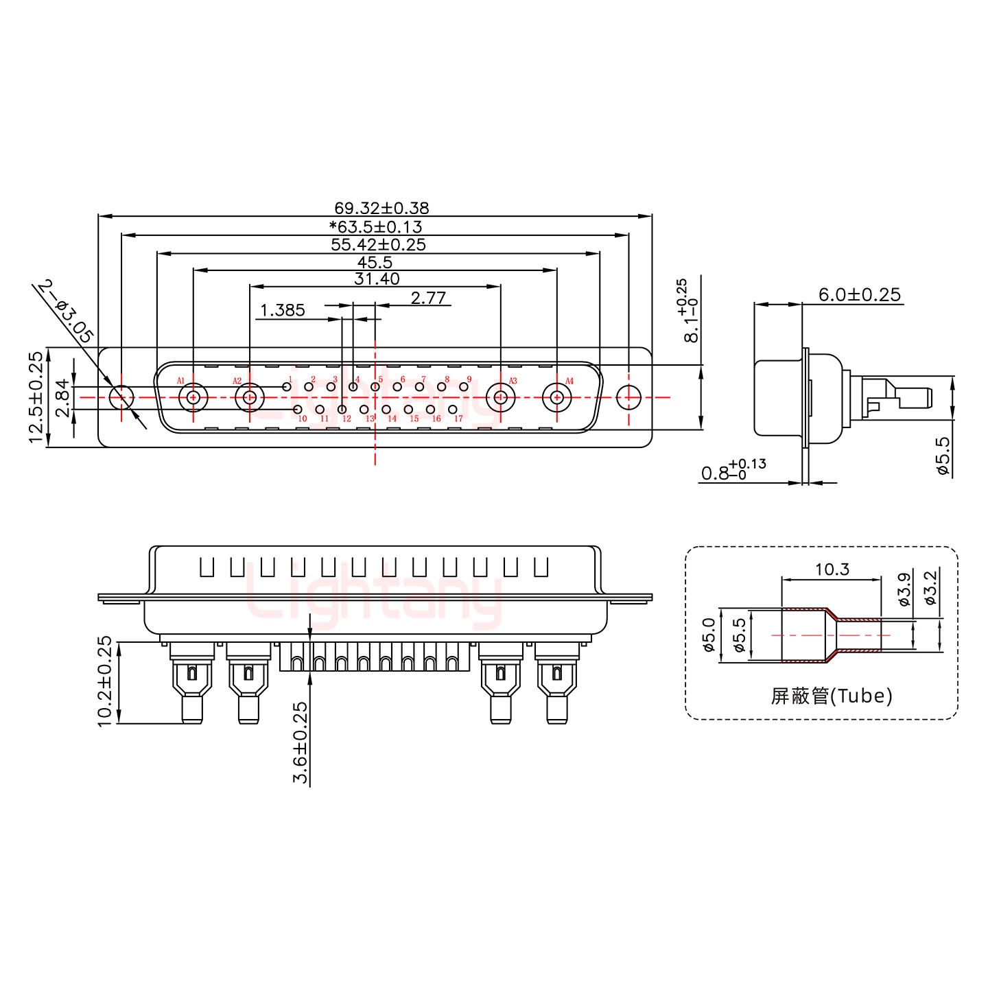 21W4公焊線式75歐姆+37P金屬外殼951彎出線4~12mm