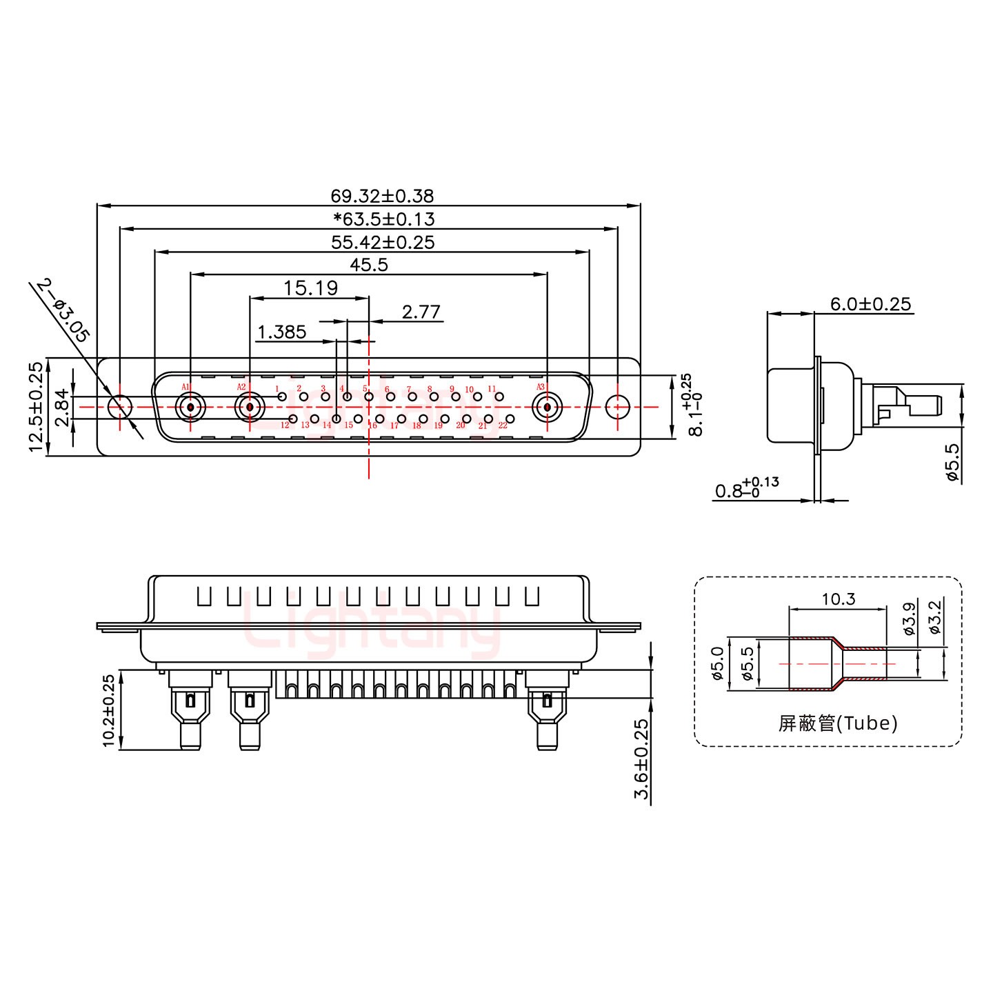 25W3公焊線式50歐姆+37P金屬外殼967斜出線4~12mm