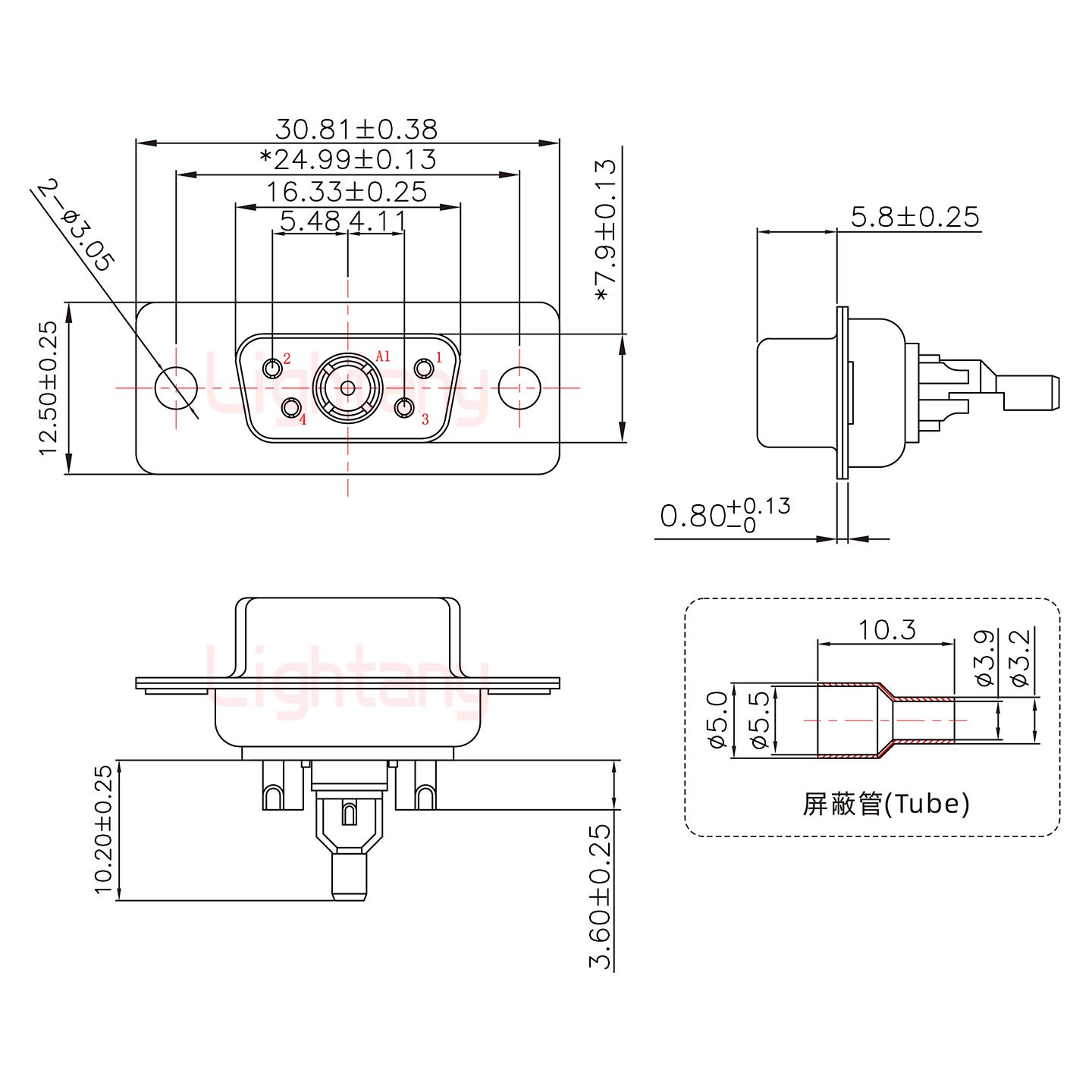 5W1母焊線式75歐姆+9P金屬外殼424彎出線4~12mm