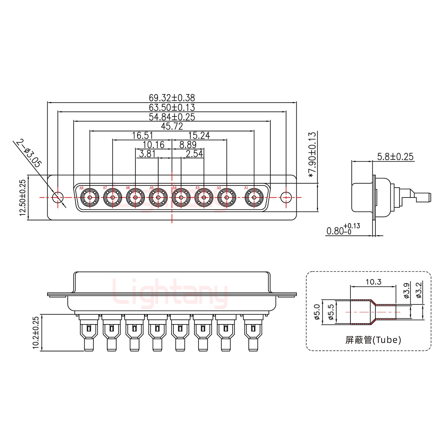 8W8母焊線式50歐姆+37P金屬外殼951彎出線4~12mm