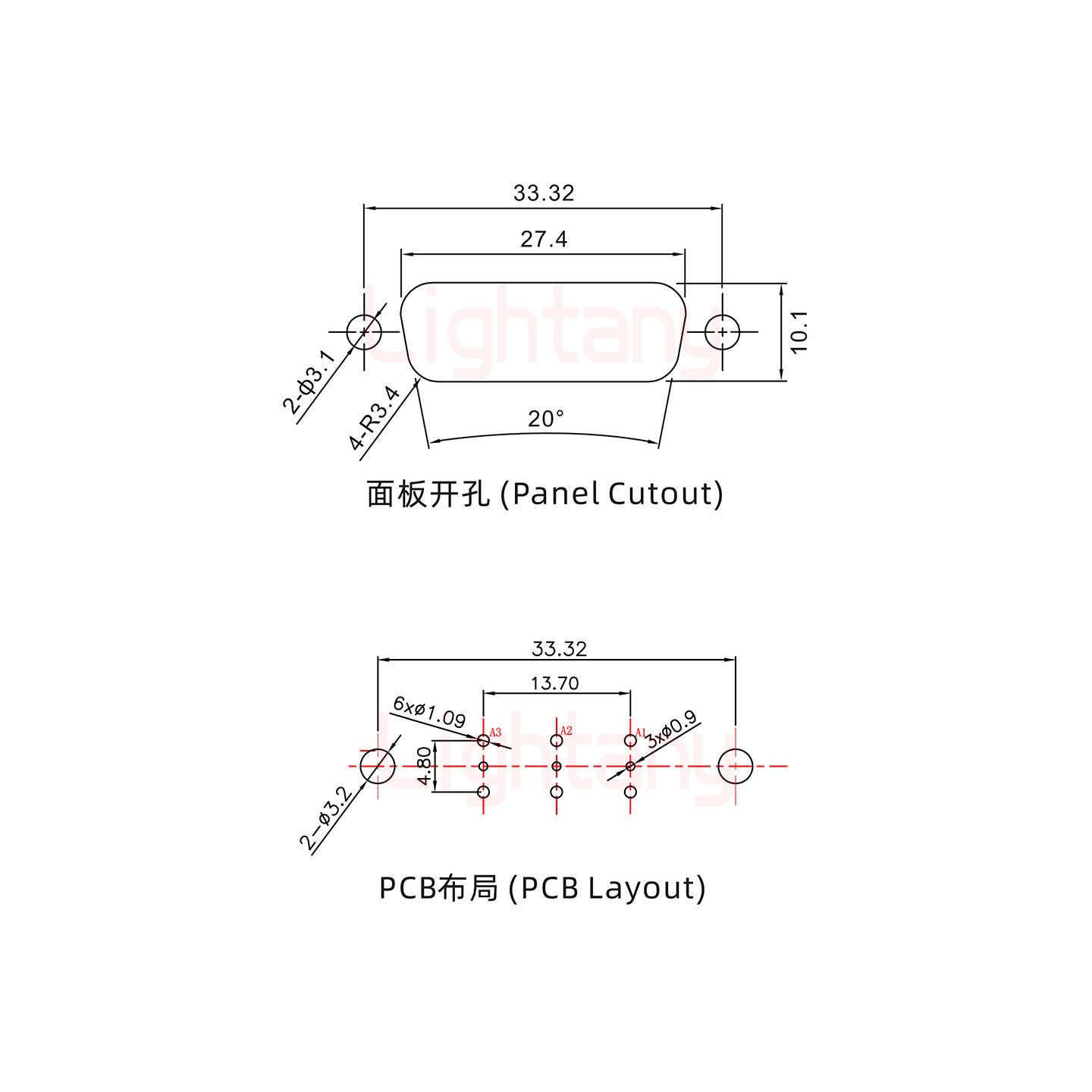 3W3母PCB直插板/鉚魚(yú)叉7.0/射頻同軸50歐姆