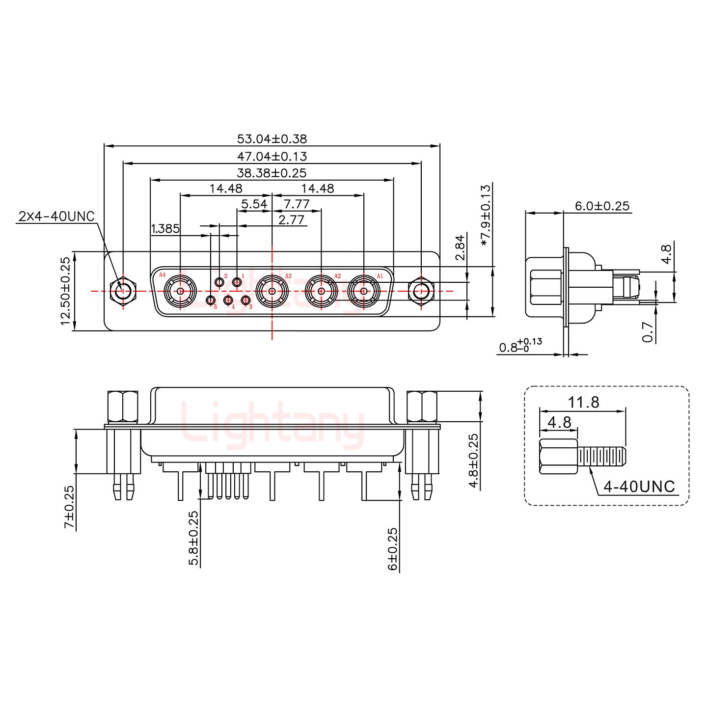 9W4母PCB直插板/鉚魚叉7.0/射頻同軸75歐姆