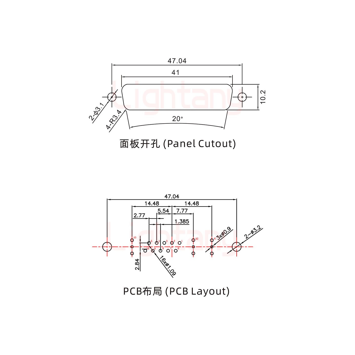 13W3母PCB直插板/鉚魚叉7.0/射頻同軸50歐姆