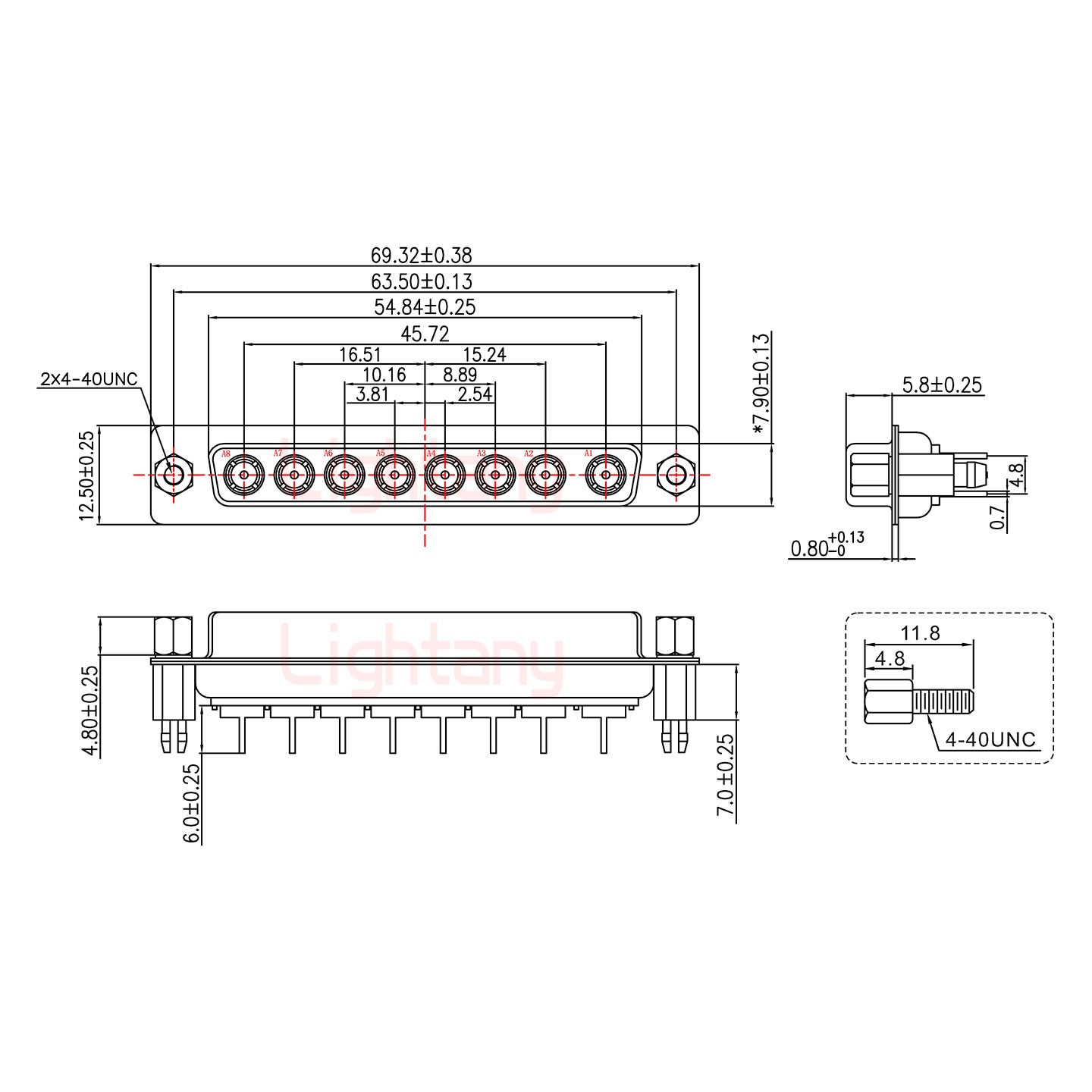 8W8母PCB直插板/鉚魚(yú)叉7.0/射頻同軸75歐姆