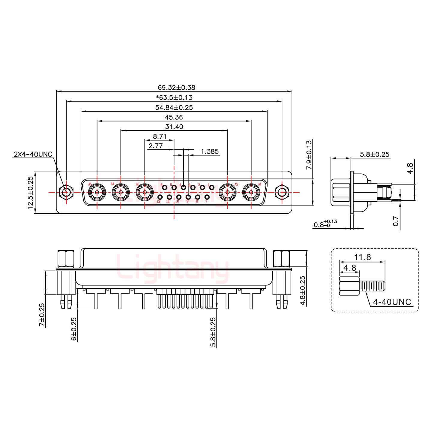 17W5母PCB直插板/鉚魚叉7.0/射頻同軸50歐姆