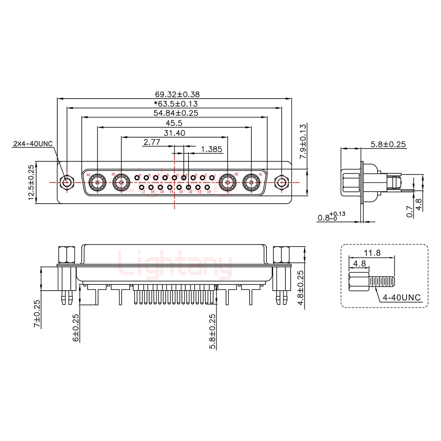 21W4母PCB直插板/鉚魚叉7.0/射頻同軸75歐姆