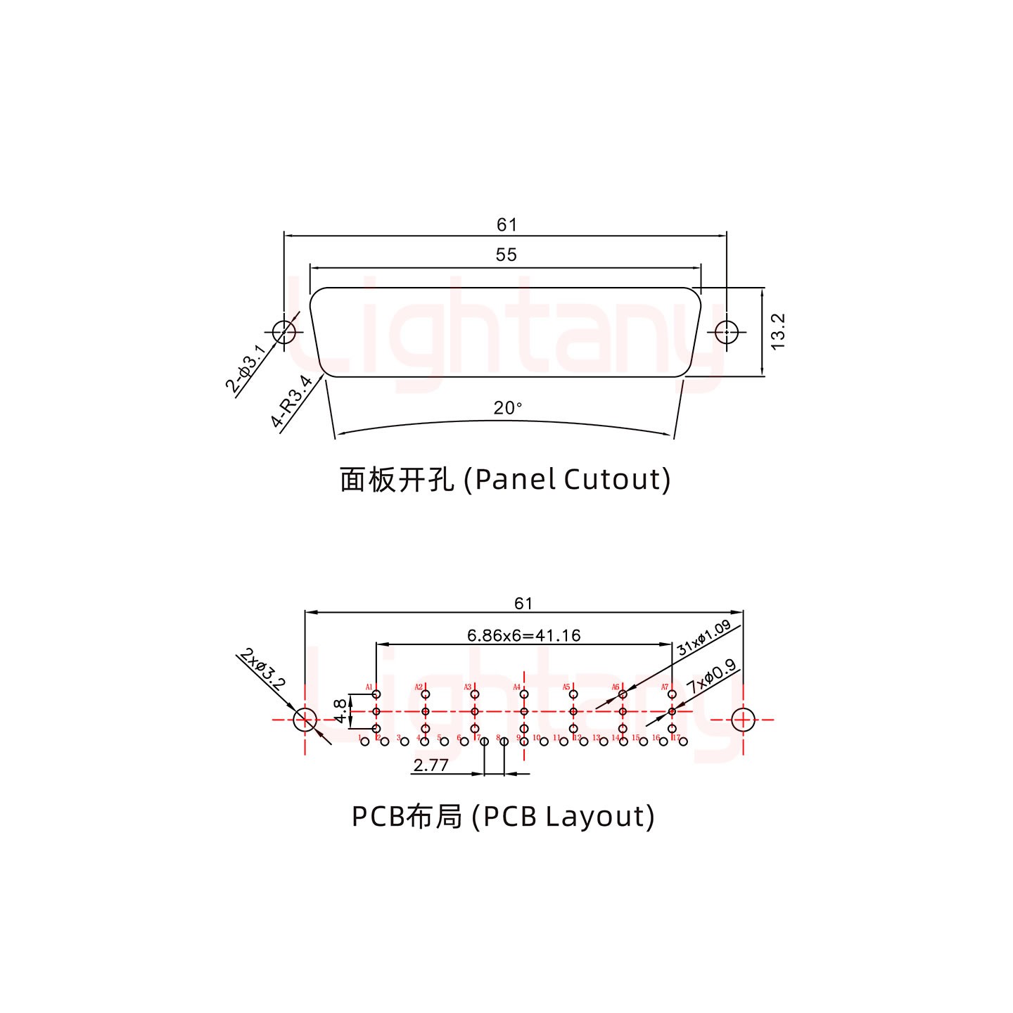 24W7母PCB直插板/鉚魚(yú)叉7.0/射頻同軸50歐姆