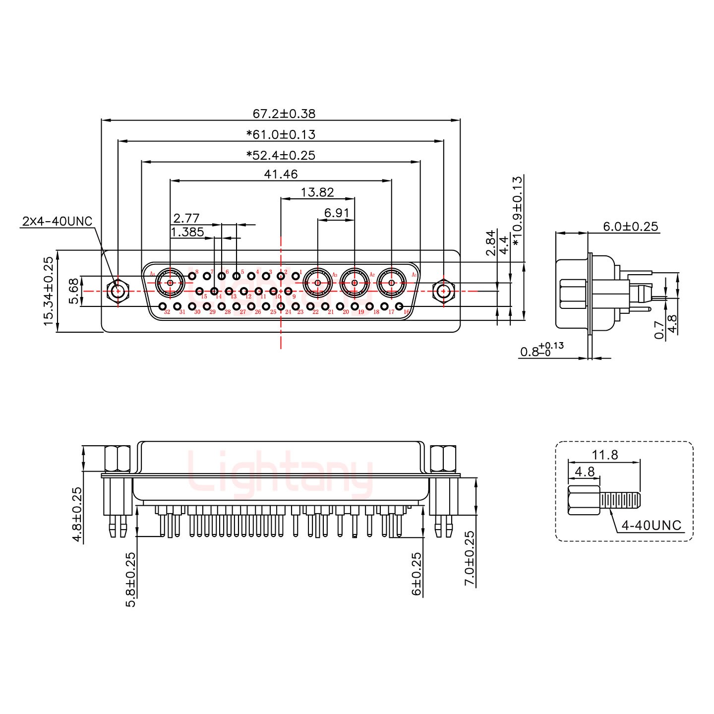 36W4母PCB直插板/鉚魚叉7.0/射頻同軸75歐姆