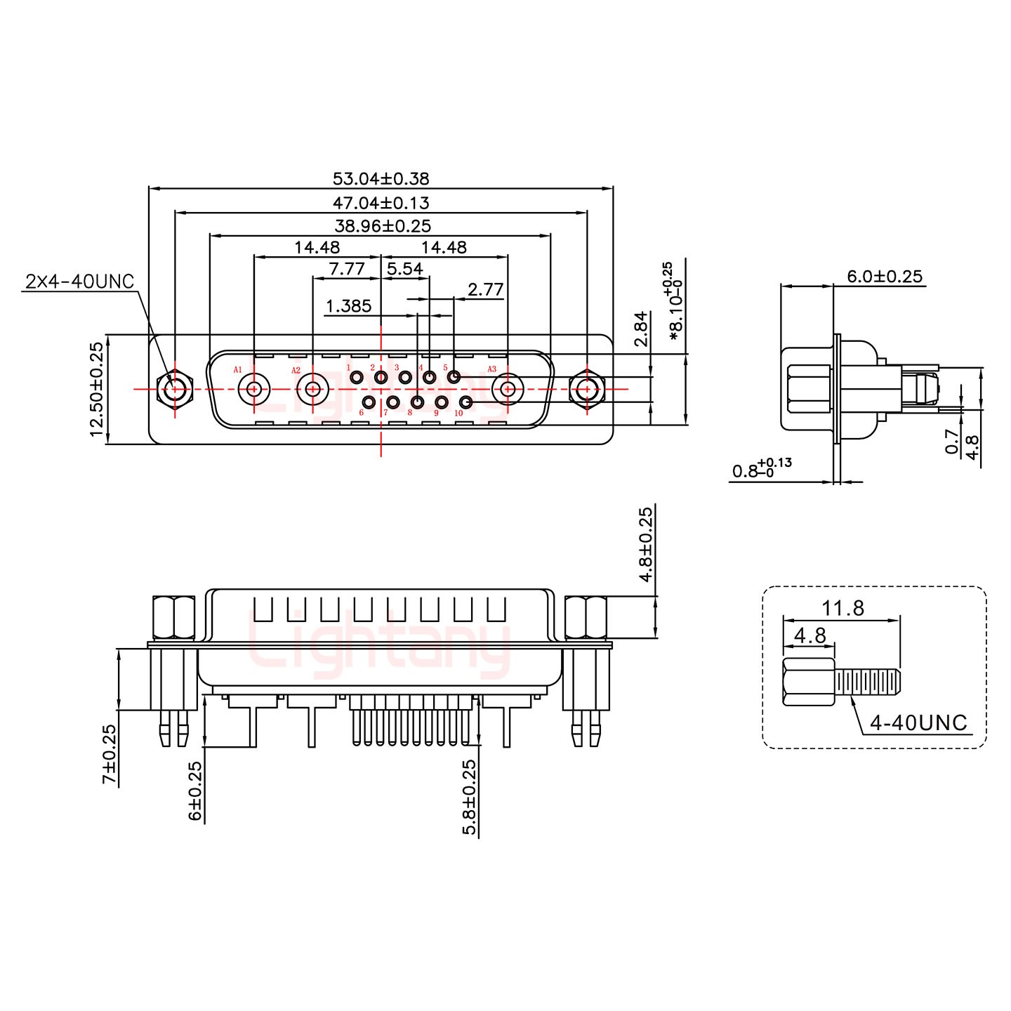 13W3公PCB直插板/鉚魚叉7.0/射頻同軸50歐姆