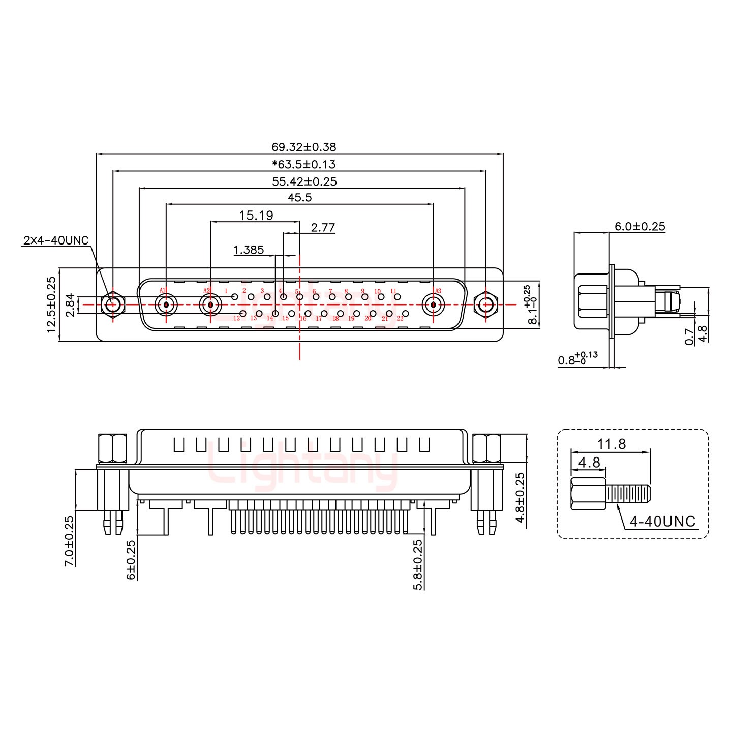 25W3公PCB直插板/鉚魚叉7.0/射頻同軸75歐姆