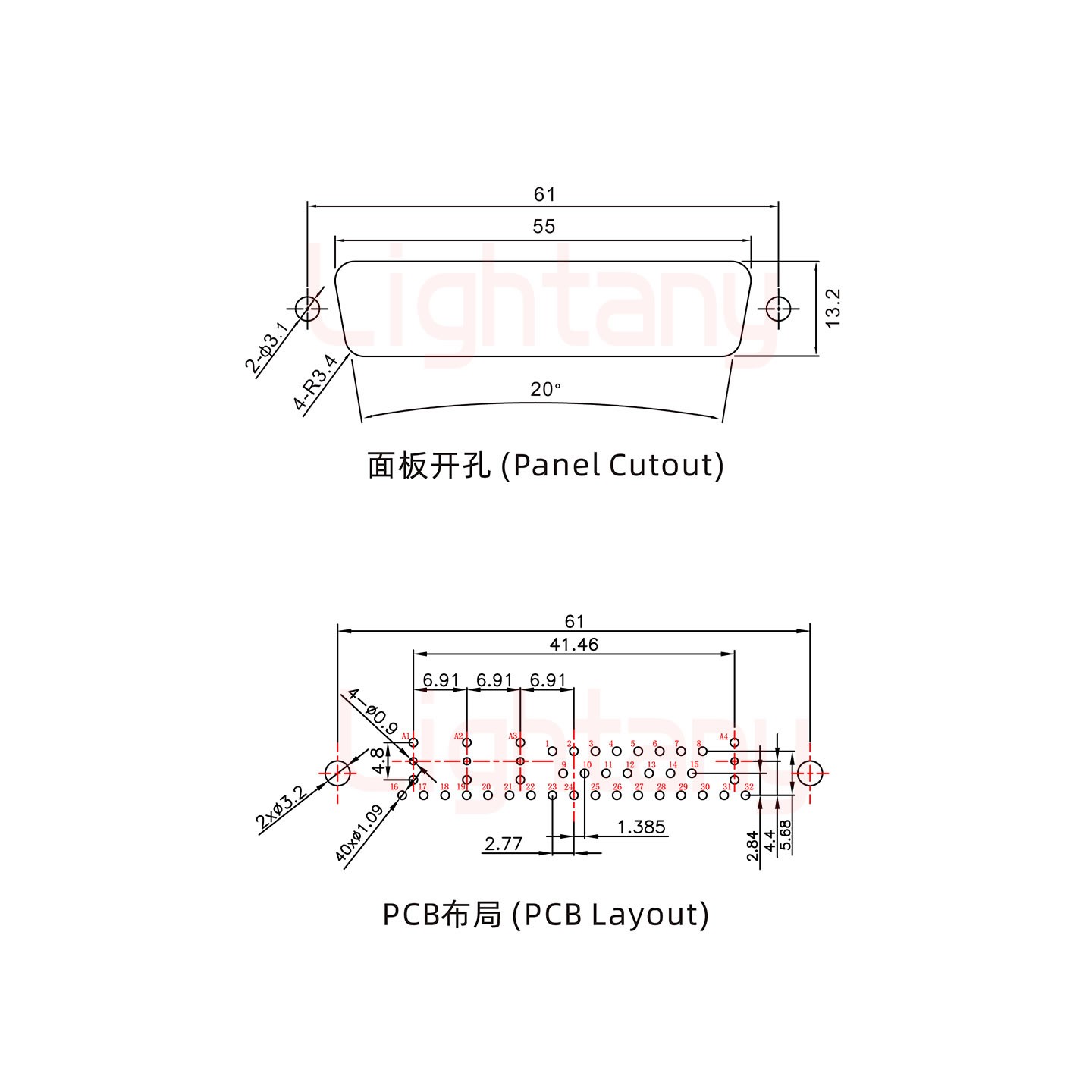 36W4公PCB直插板/鉚魚叉7.0/射頻同軸50歐姆