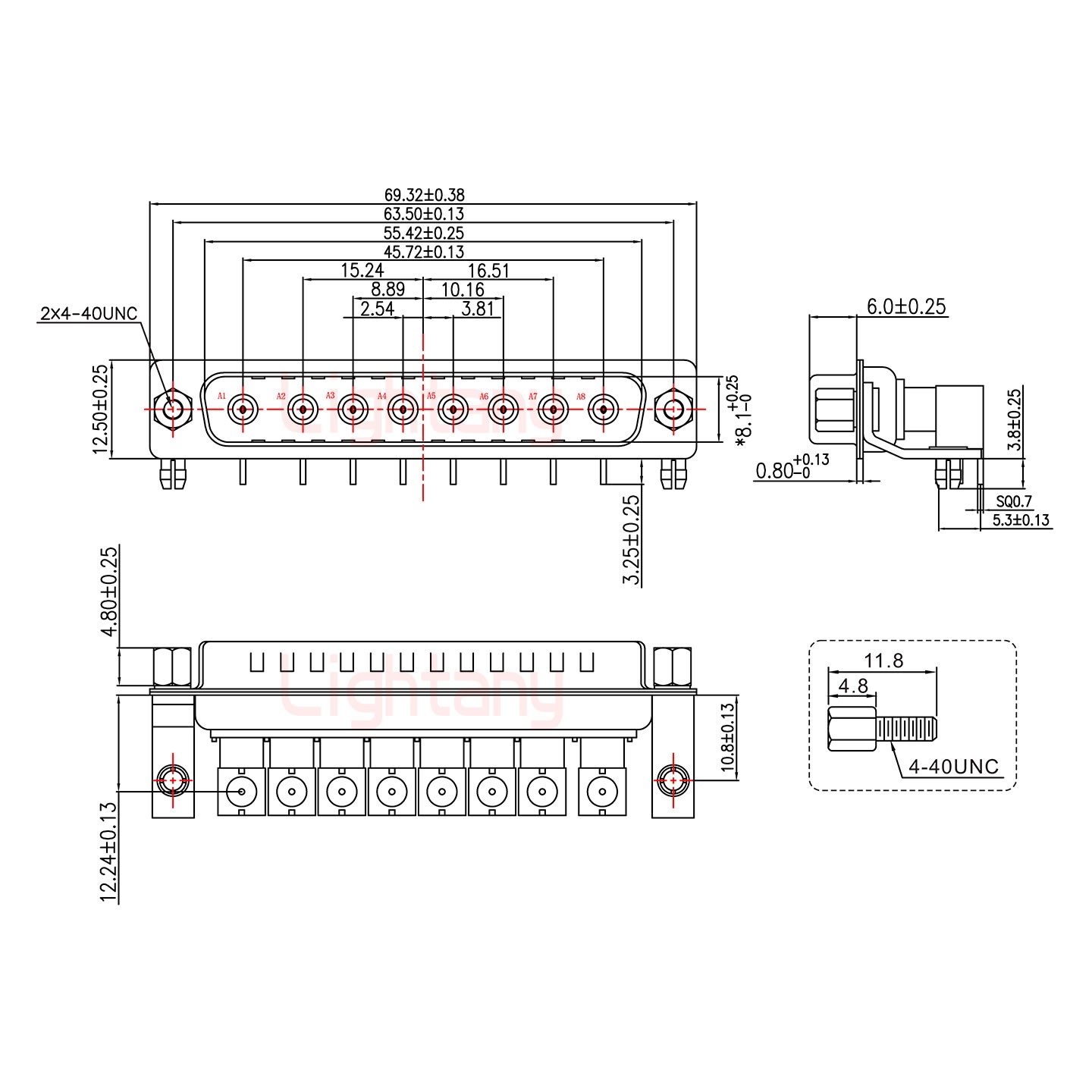 8W8公PCB彎插板/鉚支架10.8/射頻同軸50歐姆