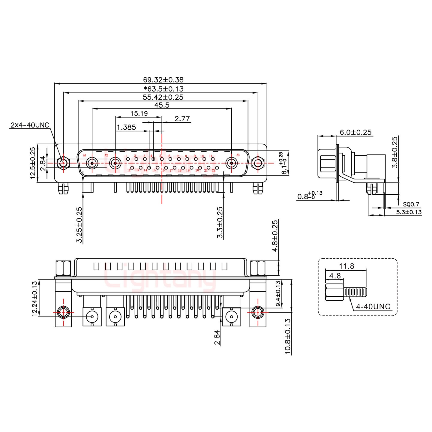 25W3公PCB彎插板/鉚支架10.8/射頻同軸75歐姆