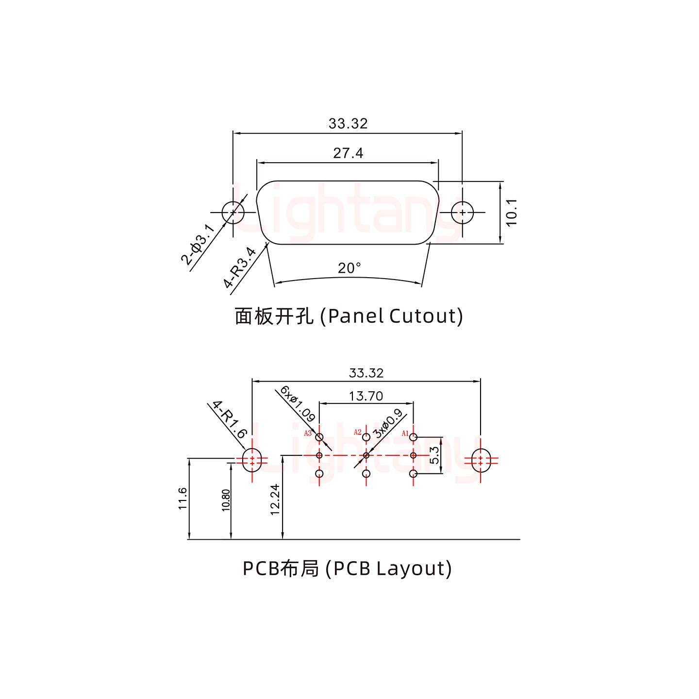 3W3母PCB彎插板/鉚支架10.8/射頻同軸50歐姆