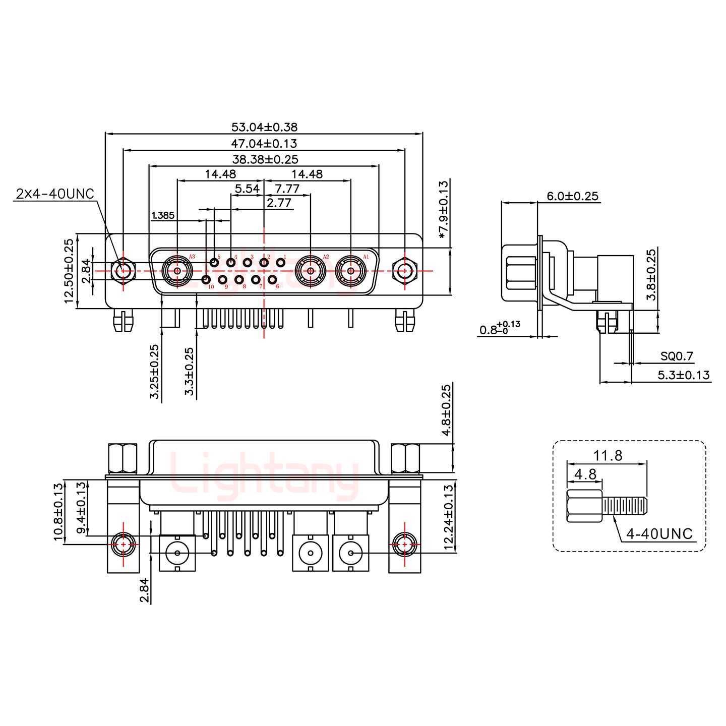 13W3母PCB彎插板/鉚支架10.8/射頻同軸50歐姆