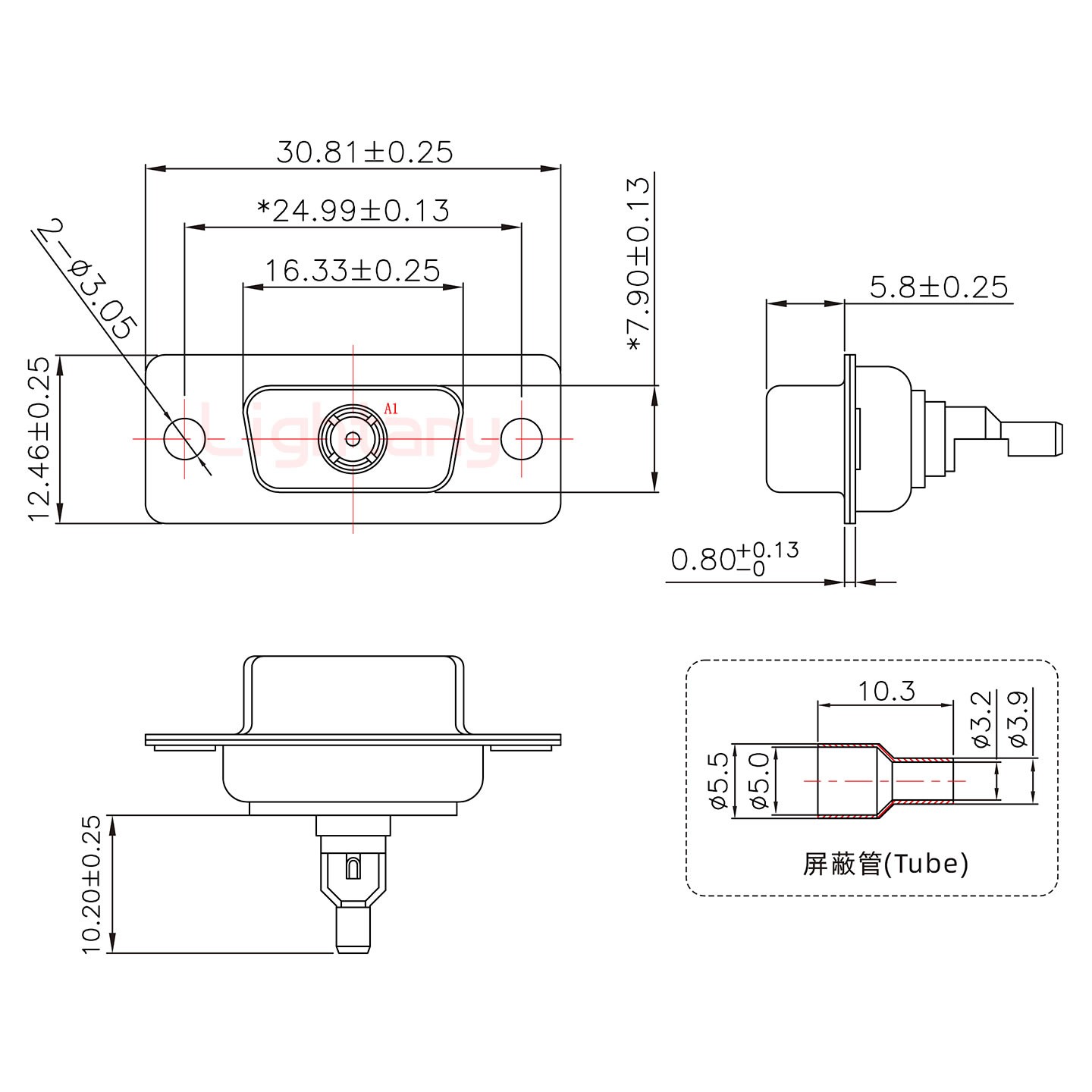 1W1母焊線式75歐姆+9P金屬外殼424彎出線4~12mm