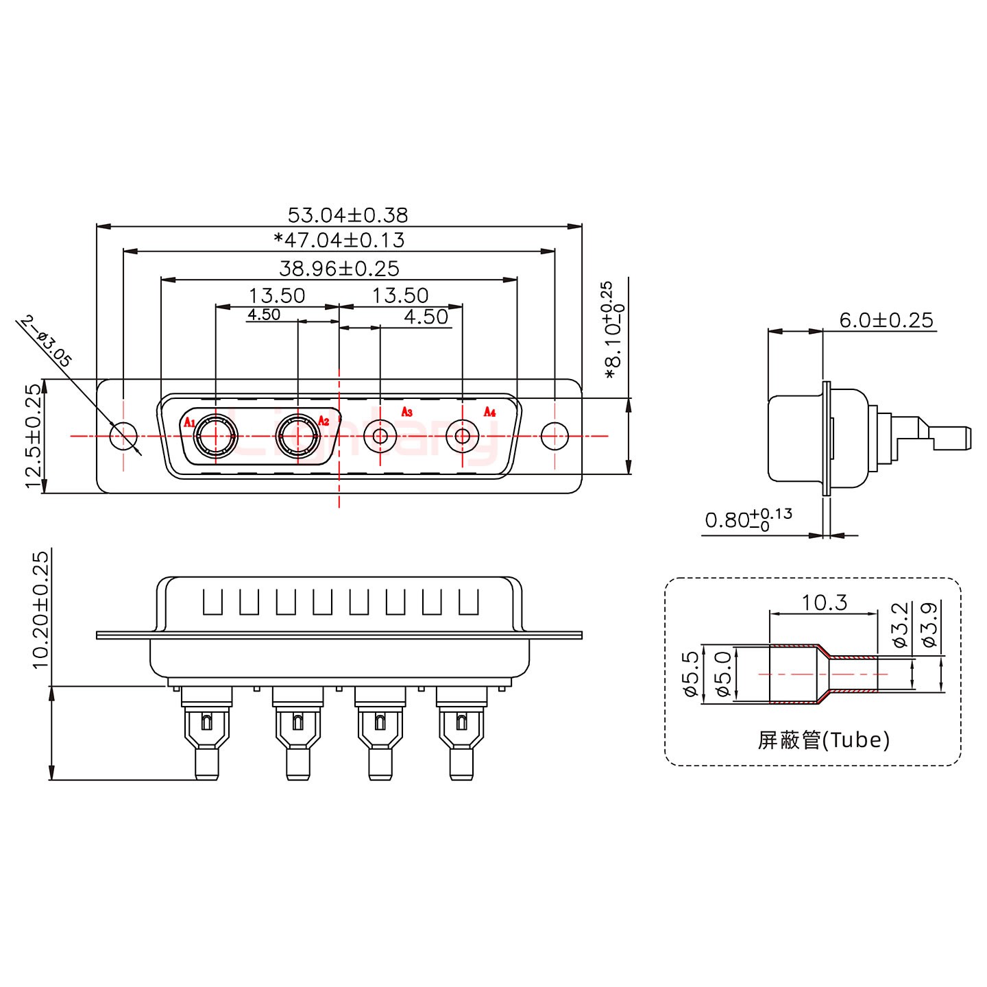 4V4公焊線式75歐姆+25P金屬外殼1015彎出線4~12mm