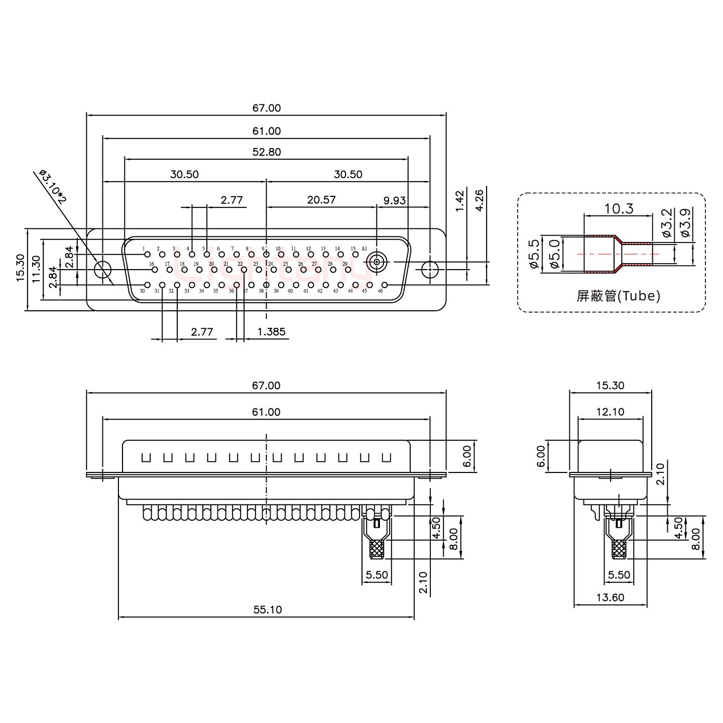 47W1公焊線式50歐姆+50P金屬外殼2252三個出線孔12mm