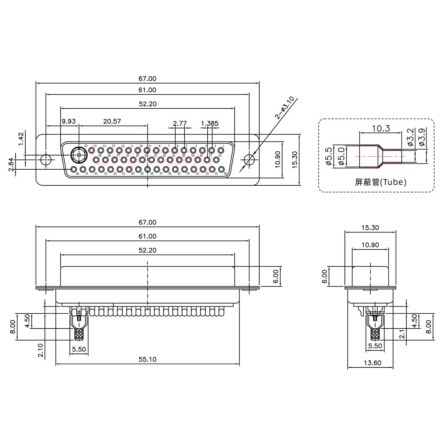 47W1母焊線式50歐姆+50P金屬外殼1331直出線12.5mm