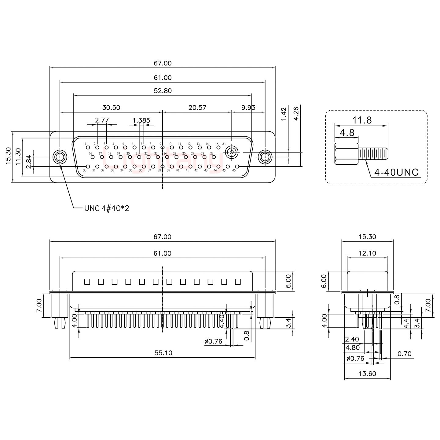 47W1公PCB直插板/鉚魚叉7.0/射頻同軸50歐姆