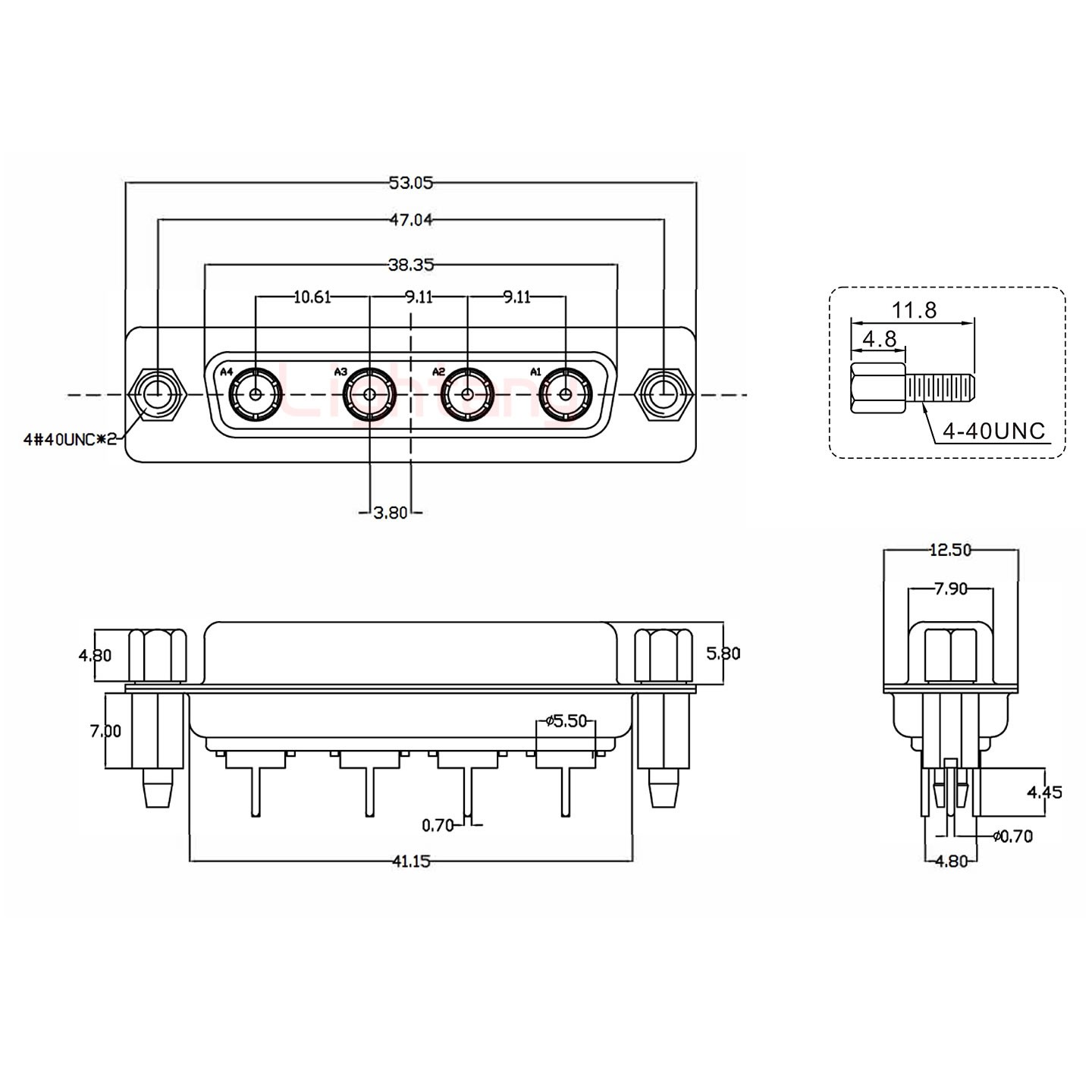 4W4母PCB直插板/鉚魚(yú)叉7.0/射頻同軸50歐姆