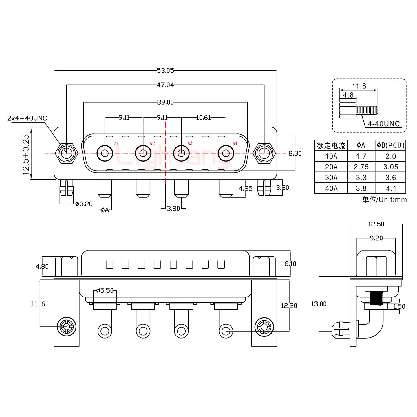 4W4公PCB彎插板/鉚支架11.6/大電流10A